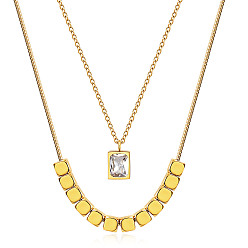 Кристалл Двухслойные ожерелья из нержавеющей стали со стразами, прямоугольные, кристалл, 15.75 дюйм (40 см)