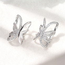 Платина Серьги-каффы с бабочками из латуни с микропаве из прозрачных кубических цирконий, стойки покрытие, долговечный, без кадмия и без свинца, платина, 20x12.5x10.5 мм