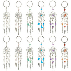 Смешанные камни 12шт 6 цвета плетеная сетка/паутина с перьями сплав подвеска брелок, с синтетической бирюзой, натуральным розовым кварцем, зеленым авантюрином, аметистом, сердоликом, кристаллами кварца и железной фурнитурой, 14 см, 2 шт / цвет