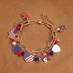 Golden Independence Day Alloy Enamel Multi Heart Charm Bracelets for Women, Blue, White and Red, Golden, 7.09 inch(18cm)