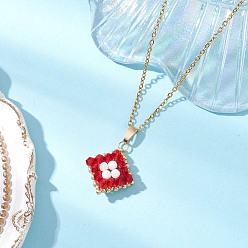 Красный Подвеска в виде ромба из натурального радужного лунного камня и стеклянных бусин ручной работы 304 ожерелья из нержавеющей стали с цепочкой-кабелем, золотые, красные, 17.91 дюйм (45.5 см)