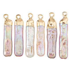 Сливовый 6 шт. подвески из натурального жемчуга кеши с гальваническим покрытием, подвески из барочного жемчуга с культивированным пресноводным жемчугом, прямоугольные, золотые, слива, 16~32x5~12x3.5~6 мм, отверстие : 1.8 мм