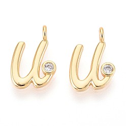 Letter U Латунные микро проложить кубического циркония прелести, долговечный, без никеля , реальный 18 k позолоченный, буквы, Буква U, 14x8.5x3.5 мм, отверстие : 1.8 мм