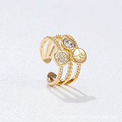 Golden Brass Micro Pave Cubic Zirconia Cuff Open Rings for Women, Round, Golden, 18mm