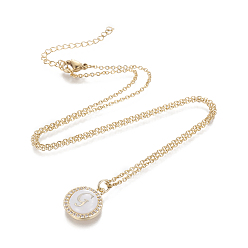 Letter G Brass Initial Pendant Necklaces, with Shell, Cubic Zirconia and 304 Stainless Steel Cable Chains, Flat Round with Letter, Letter.G, 17.5 inch(44.5cm), 1.5mm