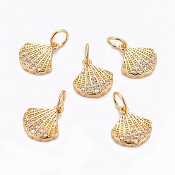 Golden Brass Charms, with Cubic Zirconia, Shell, Clear, Golden, 11x10x2mm, Hole: 3mm