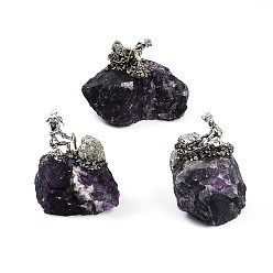 Флюорит Скульптура из природного флюоритового кластера, со старинным серебряным сплавом шахтер, для украшения рабочего стола домашнего офиса, 35~60x35~60x38~60 мм