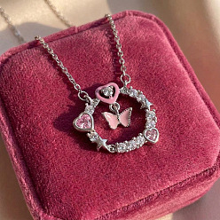Pink Женское ожерелье из хрустальной гирлянды и розовых стразов с подвеской в виде бабочки., с эмалью, платина, розовые, 17.72 дюйм (45 см)