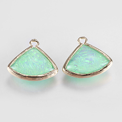 Medium Spring Green Resin Pendants, with Brass Findings, Sector, Light Gold, Medium Spring Green, 18x19~19.5x16~16.5mm, Hole: 1~1.5mm