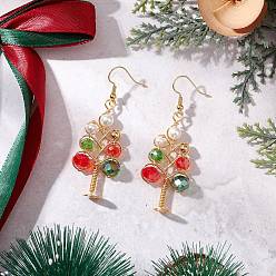 Золотой Латунь бисер мотаться серьги, с имитацией жемчужины из ракушки, Рождественские елки, золотые, 59x21.5 мм