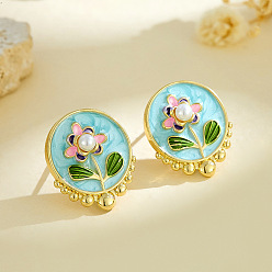 Blassem Türkis 304 Ohrstecker aus Edelstahl, Imitationsperlen und Emaille, flach rund mit Blume, golden, blassem Türkis, 15 mm