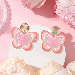 Pink Серьги-гвоздики с подвесками из акрила и бабочки с латунным принтом, с железными ушными гайками, золотые, розовые, 36.5x33.5 мм