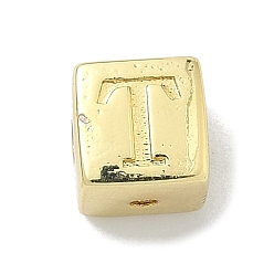 Letter T Латунные бусины, без кадмия и без свинца, долговечный, стойки покрытие, кубические, реальный 18 k позолоченный, Письмо T, 6x6x6 мм, отверстие : 1.8 мм