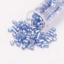 Pale Goldenrod 11/0 Two Cut Round Hole Glass Seed Beads, Hexagon, Silver Lined, Rainbow Plated, Pale Goldenrod, 2x2mm, Hole: 0.5mm, about 41000pcs/pound
