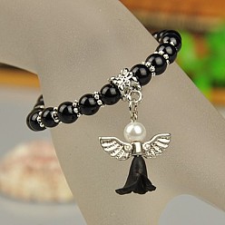 Black Lovely Wedding Dress Angel Bracelets for Kids, Carnival Stretch Bracelets, with Glass Pearl Beads and Tibetan Style Beads, Black, 45mm
