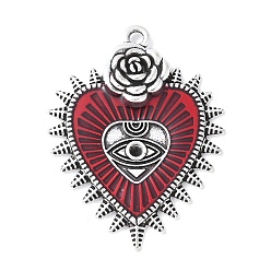 Красный Подвески из эмали и сплава, стойки покрытие, без кадмия, без никеля и без свинца, подвеска в виде сердца с розой и глазом, красные, 38x28.5x3.5 мм, отверстие : 2 мм