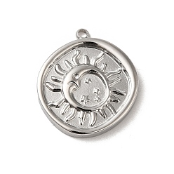 Нержавеющая Сталь Цвет Не тускнеющие 304 подвески из нержавеющей стали, плоский круглый с солнечным шармом, цвет нержавеющей стали, 20x18x2.5 мм, отверстие : 1.5 мм