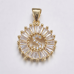 Letter S Долговечные покрытые и стойки латунные микропроволочные кубические буквы из циркония, плоско-круглые, реальный 18 k позолоченный, letter.s, 19x15.5x2.5 мм, отверстие : 3.5x4 мм