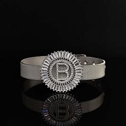 Letter B Латунные браслеты с микропаве из прозрачных кубических цирконий для женщин, плоские круглые с буквы, платина, В письме, 8-1/4 дюйм (21 см)