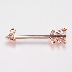 Rose Gold Brass Micro Pave Cubic Zirconia Pendants, Arrows, Rose Gold, 7x25x2mm, Hole: 0.8mm