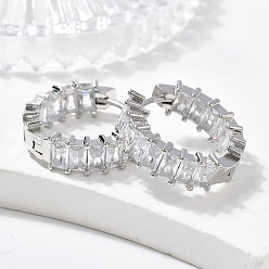 Платинированный Серьги-кольца из латуни с микро-паве из фианита, долговечный, кольцо, прозрачные, Реальная платина, 22x6 мм, штифты : 0.9 мм
