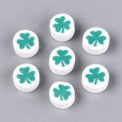 Светлый Морско-зеленый Бусины из полимерной глины , Плоский круглый и клевер, светло-зеленый, 8.5~9.5x4~6 мм, отверстие : 2 мм