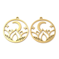 Настоящее золото 18K Ионное покрытие (ip) 304 подвески из нержавеющей стали, плоский круглый с подвеской в виде цветка и луны, реальный 18 k позолоченный, 27x25x1.5 мм, отверстие : 1.6 мм