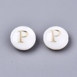 Letter P Natural Freshwater Shell Beads, with Golden Plated Brass Etched Metal Embellishments, Flat Round, Seashell Color, Letter.P, 8x3~5mm, Hole: 0.5~07mm