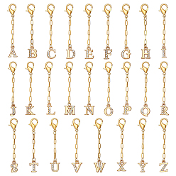 Golden 26Pcs Alloy Rhinestone Pendant Decorations, Letter, with 304 Stainless Steel Chain and Alloy Lobster Claw Clasps, Golden, 60mm