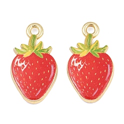 Red Printed Alloy Pendants, Strawberry Charms, Rack Plating, Golden, Red, 21x12x3mm, Hole: 1.8mm