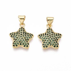 Темно-Зеленый Латунные микро проложить кубического циркония подвески, звезда, реальный 16 k позолоченный, темно-зеленый, 17x15x3 мм, отверстие : 3~3.5x4~4.5 мм