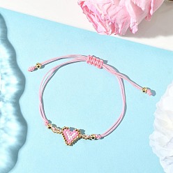 Pink Стеклянные бусины браслеты в форме сердца, плетеные браслеты из нейлонового шнура для женщин, розовые, внутренний диаметр: 2-7/8 дюйм (7.4 см)