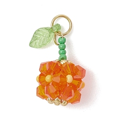 Оранжевый Стеклянные подвески, фруктовое очарование, с акриловым и 304 соединительным кольцом из нержавеющей стали, золотые, граненые, оранжевые, 18x13x13 мм, отверстие : 4 мм