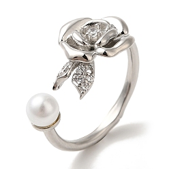 Платина Кольца-манжеты из латуни с покрытием Rose Pave, прозрачные кубические цирконии, для женщин, с абс пластиковым жемчугом, без кадмия и без свинца, долговечный, платина, внутренний диаметр: 17 мм