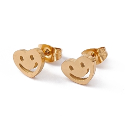 Golden 304 Stainless Steel Tiny Hollow Out Heart with Smiling Face Stud Earrings for Women, Golden, 7x10mm, Pin: 0.7mm