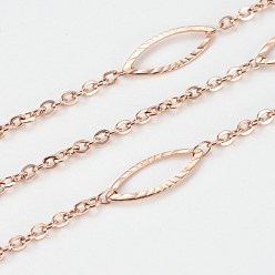 Розовое Золото Ионное покрытие (ip) 304 кабельные цепи из нержавеющей стали, с конскими глазами / маркизными звеньями, пайки, с катушкой, Плоско-овальные, розовое золото , 6 мм, ссылка: 2.5x2x1мм и 15x6x1мм, около 32.8 футов (10 м) / рулон
