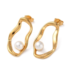 Real 18K Gold Plated Twist Oval Ion Plating(IP) 304 Stainless Steel Stud Earrings, with Plastic Pearl, Real 18K Gold Plated, 25.5x14mm