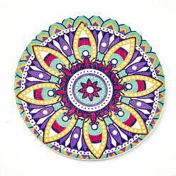 Colorful  Printed Wooden Big Pendants, Dyed, Flat Round with Flower, Colorful, 60x2.5mm, Hole: 1.5mm