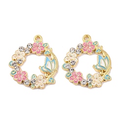 Pink Стойки обшивки сплава эмали подвески, со стразами, золотые, венок с подвеской-бабочкой, розовые, 29x24.7x3 мм, отверстие : 1.6 мм
