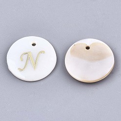 Letter N Природные подвески оболочки пресноводных, с позолоченными элементами из травленой латуни, плоские круглые с буквы, letter.n, 15x2 мм, отверстие : 1.2 мм