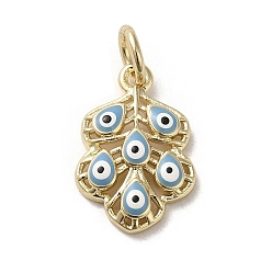 Stahlblau Messing Emaille-Anhänger, mit Sprungring, Cadmiumfrei und Nickel frei und Bleifrei, golden, Blatt mit bösen Blick-Anhängern, Stahlblau, 17x11.5x3.2 mm, Bohrung: 3.8 mm