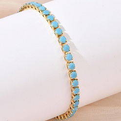 Flat Round Synthetic Turquoise Tennis Bracelets, Brass Chain Bracelets for Women, Golden, Flat Round, 7.01 inch(17.8cm), width 3mm