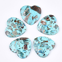 Cyan Assembled Synthetic Imperial Jasper and Turquoise Pendants, Dyed, Heart, Cyan, 38.5~39.5x40~40.5x7~7.5mm, Hole: 1.4mm