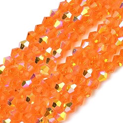Темно-Оранжевый Гальванизируйте прозрачное стекло бисер нитей, двухконусные, с покрытием AB цвета, граненые, с половиным покрытием, темно-оранжевый, 4.5x3.5~4 мм, отверстие : 0.8~1 мм, около 82~83 шт / нитка, 12.01''~12.20'' (30.5~31 см).