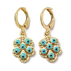 Turquoise Real 18K Gold Plated Brass Dangle Leverback Earrings, with Enamel, Leaf with Evil Eye, Turquoise, 31x11.5mm
