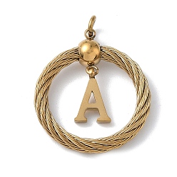 Letter A 304 подвески из нержавеющей стали, скрученный плоский круглый с буквой, ионное покрытие (ip), реальный 18 k позолоченный, с соединительными кольцами и 201 бусинами из нержавеющей стали, буква a, 27x23.5~24x6 мм, отверстие : 3 мм
