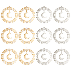 Позолоченный и Цвет Нержавейки 12 шт. 2 цвета 201 подвески из нержавеющей стали, кольцо с луной, настоящее золото и нержавеющая сталь, 33.5x31.5x1 мм, отверстие : 1.6 мм, 6 шт / цвет