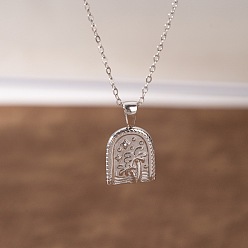 Stainless Steel Color 304 Stainless Steel Pave Clear Cubic Zirconia Arch with Coconut Tree Pendant Necklaces for Men, Stainless Steel Color, 15.75 inch(40cm)