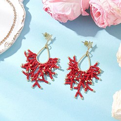 Red Handmade Glass Seed Beads Dangle Stud Earrings, Star with Teardrop, with Stainless Steel Earring Findings, Golden, Red, 60~65mm