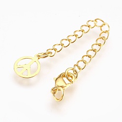 Real 18K Gold Plated Brass Chain Extender, with Lobster Claw Clasps, Cadmium Free & Nickel Free & Lead Free, Long-Lasting Plated, Peace Sign, Real 18K Gold Plated, 70x3mm, Hole: 2.5mm, Clasps: 10x6x3mm